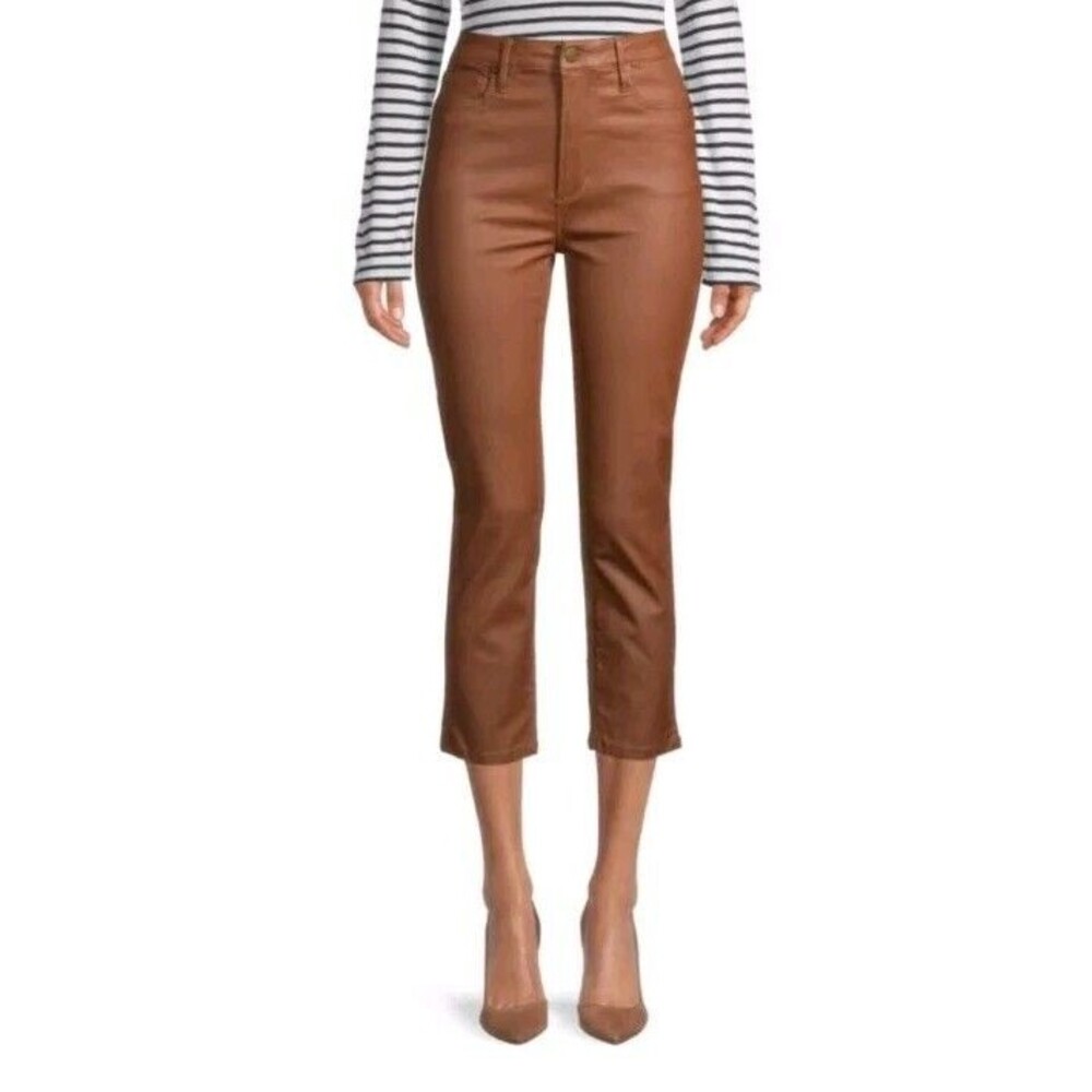 Driftwood Meg Coated Faux Leather Cropped Pants Women 26 Brown Vegan Mid Rise